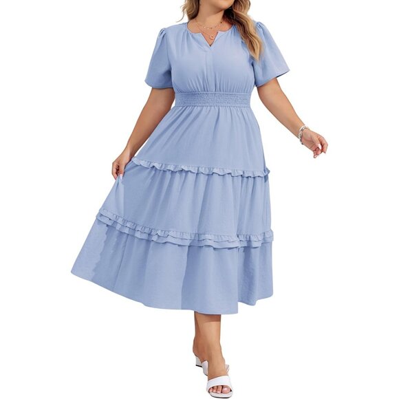 Women's Plus Size Summer Casual Dress V Neck Tiered Pockets Flowy - Picture 1 of 7